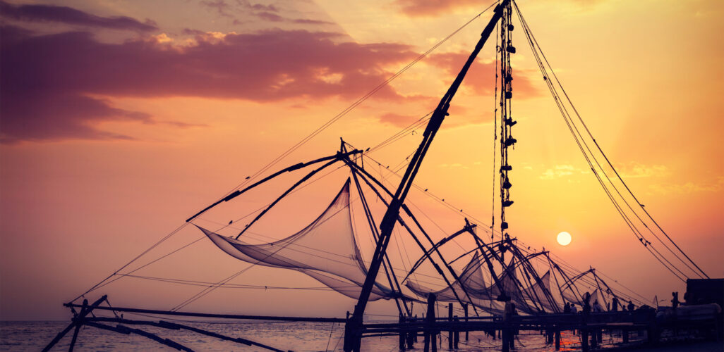 Chinese fishnets on sunset. Kochi, Kerala, India
