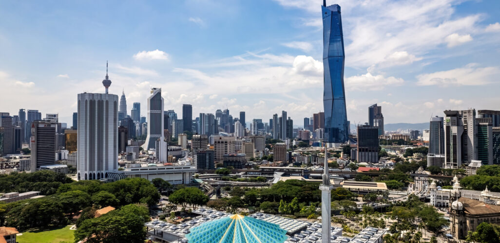 An aerial view of the city center's skyscrapers, both old and new.