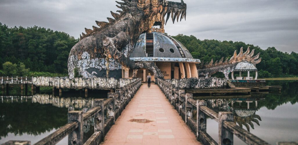 Panoramic shot of an abandoned water park at Thuy Tien lake in Hương Vietnam